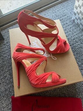 Christian Louboutin Coral Red Suede Strappy Stiletto Sandals size 36